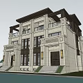 Elegant Classical Style Detached Villa Exterior with Balconies Columns Steps by Pool Lawn and Trees