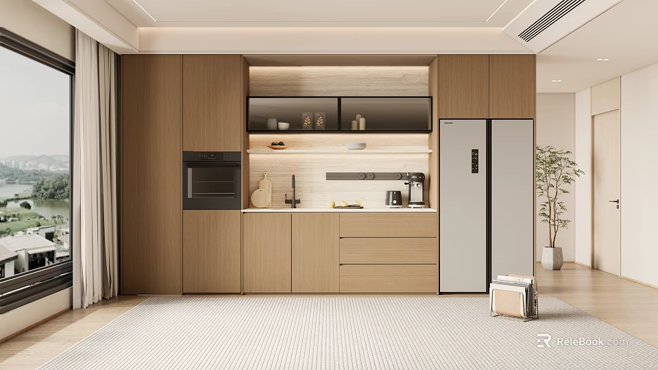 Modern Wooden Wine Cabinet With Glass Display Shelves And Storage Space In Interior 3d model 