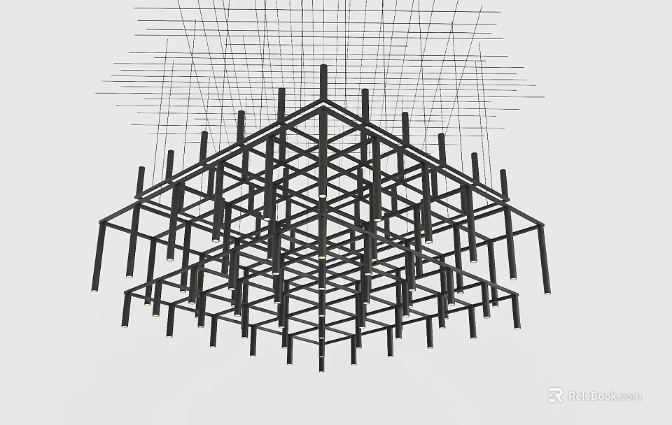 Modern Black Geometric Chandelier With Structural Framework And Abstract Lines 3d model 