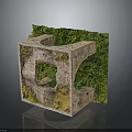 Textured Cube Shaped Concrete Building Structure With Openings And Green Moss