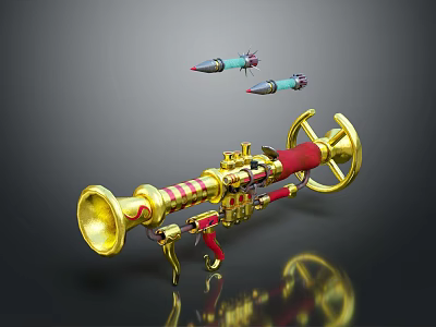Golden Cosmic Launcher With Red Stripes And Small Missile Like Objects For Space Missions 3d model