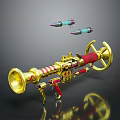Golden Cosmic Launcher With Red Stripes And Small Missile Like Objects For Space Missions
