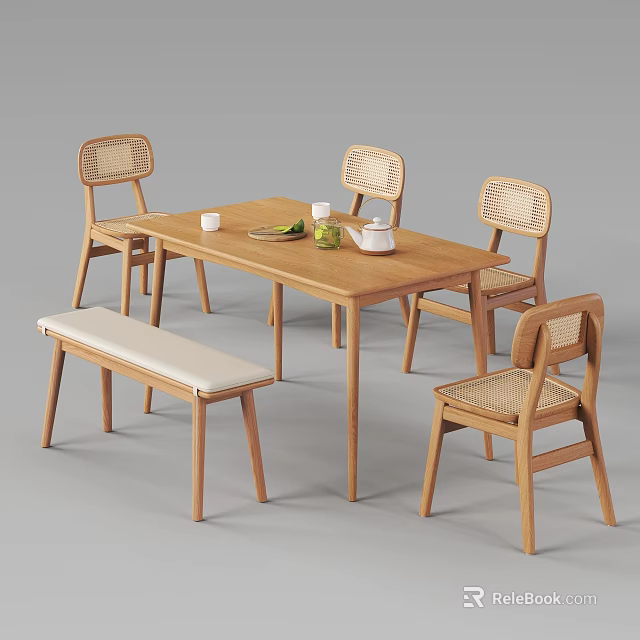 Simple Natural Wooden Dining Table Set With Rattan Back Chairs And Padded Bench 3d model 