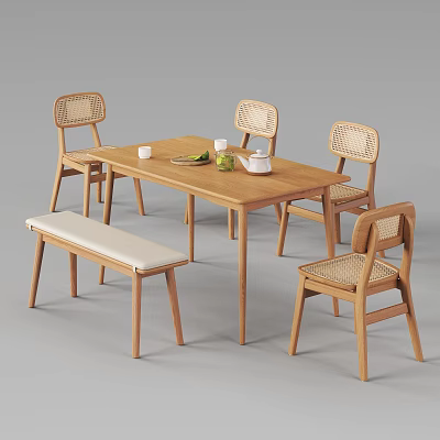Simple Natural Wooden Dining Table Set With Rattan Back Chairs And Padded Bench 3d model