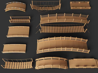 Various Wooden Landscape Bridges With Different Designs And Shaped Railing Structures 3d model