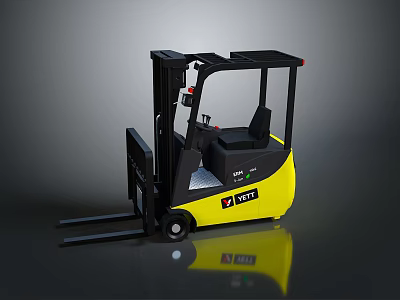 Yellow And Black Electric Forklift With Cab And Front Forks Design 3d model