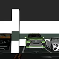 Modern Parking Garage With Three Cars Black Green White Convertible In Parking Spaces And Pillars