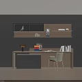 Modern Wooden Desk With Table Lamp Stacked Books Coffee Maker Mugs On Decorative Shelves