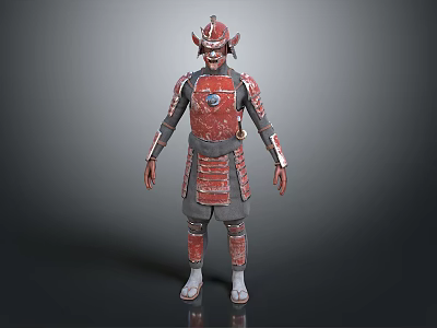 Game Movie Character Samurai Warrior With Horned Helmet And Red Gray Armor 3d model