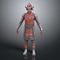 Game Movie Character Samurai Warrior With Horned Helmet And Red Gray Armor