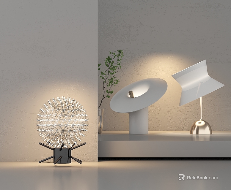 Three Unique Design Modern Floor Lamps In Stylish Interior With Green Plant Accent 3d model 