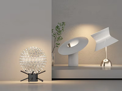 Three Unique Design Modern Floor Lamps In Stylish Interior With Green Plant Accent 3d model