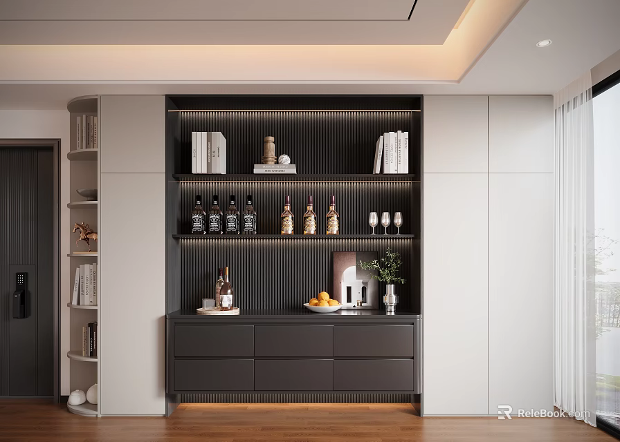 Modern Display Cabinet With Books Decorative Bottles Fruits And Plant Lighting Design 3d model 