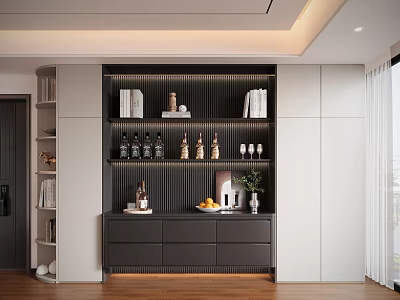Modern Display Cabinet With Books Decorative Bottles Fruits And Plant Lighting Design 3d model