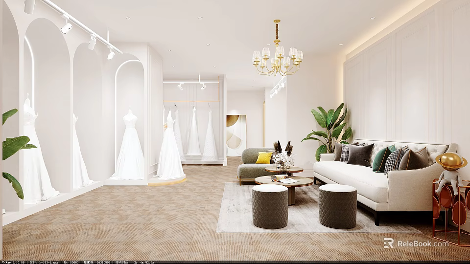 Modern Clothing Store with White Wedding Dresses Hangers Open Layout Sofa and Green Plant 3d model 