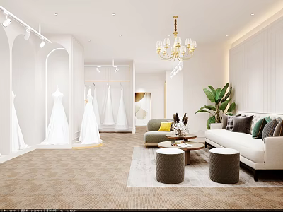 Modern Clothing Store with White Wedding Dresses Hangers Open Layout Sofa and Green Plant 3d model