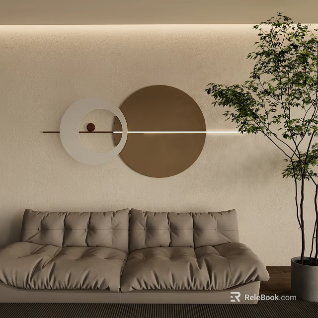 Modern Wall Decor with Circular White and Brown Shapes and Strip Light in Living Room 3d model 