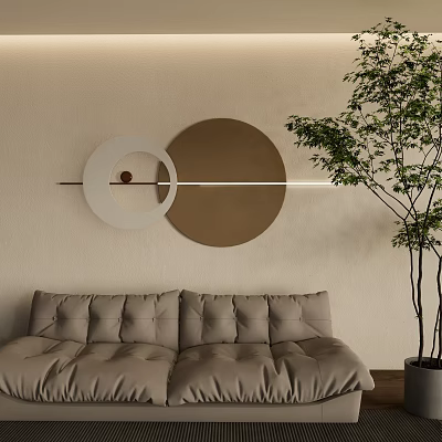 Modern Wall Decor with Circular White and Brown Shapes and Strip Light in Living Room 3d model