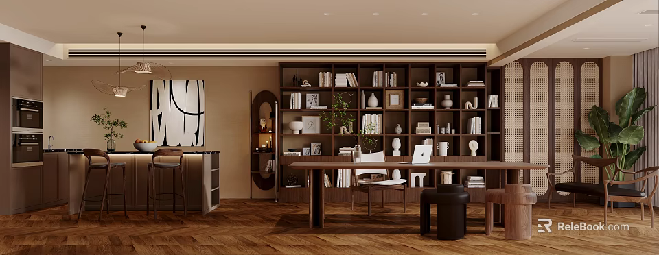 Cozy Study Room Interior With Dark Wooden Bookshelves Wooden Desk And Potted Plant 3d model 
