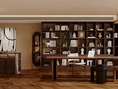 Cozy Study Room Interior With Dark Wooden Bookshelves Wooden Desk And Potted Plant 3d model