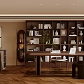 Cozy Study Room Interior With Dark Wooden Bookshelves Wooden Desk And Potted Plant