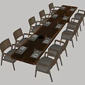 Long Wooden Table And Chair Set With 12 Wicker Back Chairs And Tableware