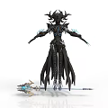 Dark Fantasy Woman In Intricate Black Outfit With Spiked Headdress And Blue Glowing Accents