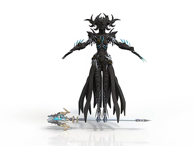 Dark Fantasy Woman In Intricate Black Outfit With Spiked Headdress And Blue Glowing Accents 3d model