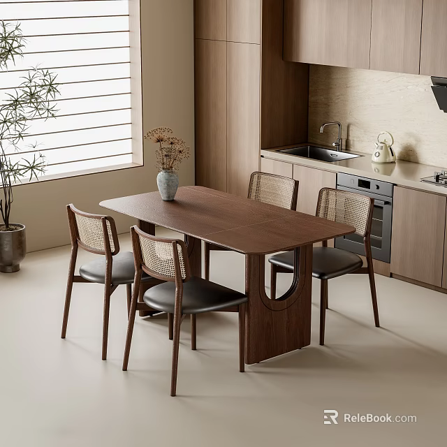 Modern Wooden Dining Table Set With Chairs And Decorative Vase In Kitchen Area 3d model 