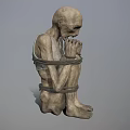 Bound Emaciated Humanoid Character Sitting With Hands Near Mouth In Restrained Posture