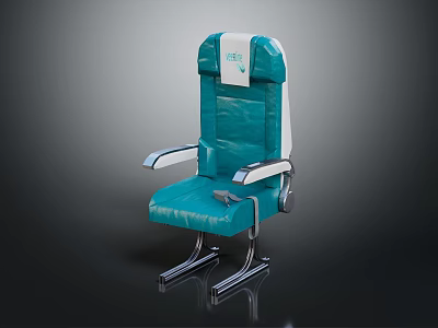 Comfortable Teal Upholstered Airplane Seat With White Headrest And Metallic Armrests 3d model