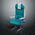 Comfortable Teal Upholstered Airplane Seat With White Headrest And Metallic Armrests