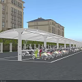 Outdoor Canopy for Electric Scooter Parking in Residential Area with White Structure and Buildings