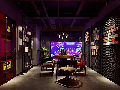 Modern Bar Interior Featuring Purple Lighting Black Metal Decor Colorful Neon Signs Central Table Chairs 3d model