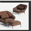 Two Brown Single Sofas With Ottoman And Black Metal Legs Modern Design 3d model