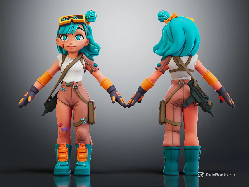 3D Teal Haired Character Wearing Goggles White Top Brown Pants Green Boots Front Back View 3d model 