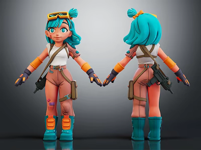 3D Teal Haired Character Wearing Goggles White Top Brown Pants Green Boots Front Back View 3d model