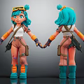 3D Teal Haired Character Wearing Goggles White Top Brown Pants Green Boots Front Back View