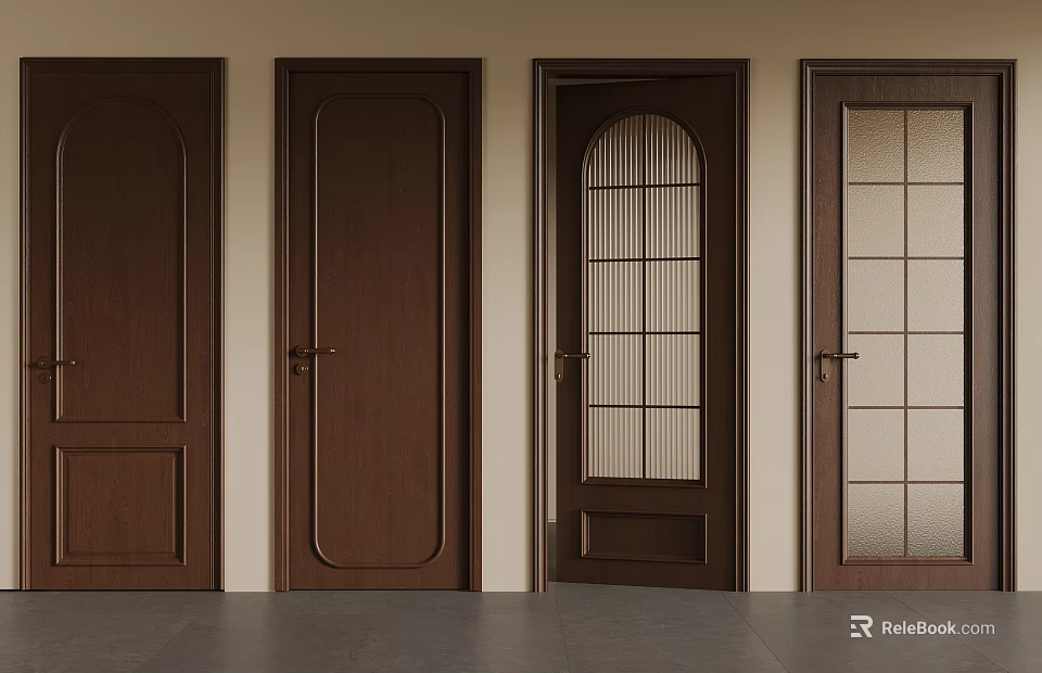 Wooden Hinged Doors With Various Panel And Glass Designs For Interior Use 3d model 