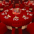 Pantry Banquet Setup With Red Round Table Number 10 Chairs Tableware And Wine Glasses