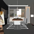 Modern Open Concept Dining Area With Wooden Table Chairs Artwork Pendant Light And Blinds