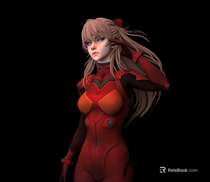 Anime Style Female Character In Red Battle Suit With Long Hair And Red Accents 3d model 