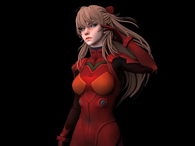 Anime Style Female Character In Red Battle Suit With Long Hair And Red Accents 3d model