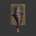 Fresh Cooked Fish on Wooden Cutting Board with Green Leaves and Orange Slices