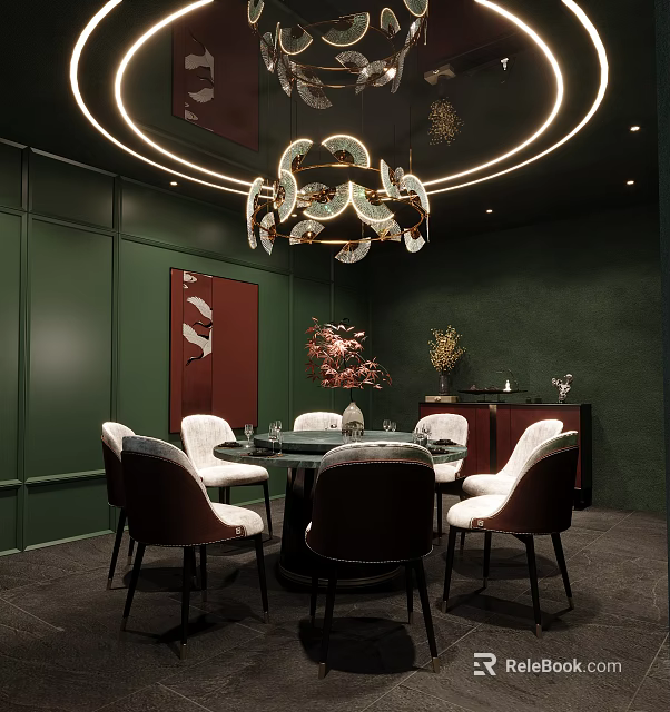 Elegant Private Dining Room Interior With Dark Green Walls Chandelier And Round Dining Table 3d model 