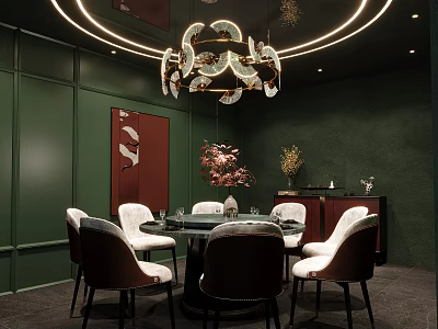 Elegant Private Dining Room Interior With Dark Green Walls Chandelier And Round Dining Table 3d model