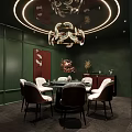 Elegant Private Dining Room Interior With Dark Green Walls Chandelier And Round Dining Table