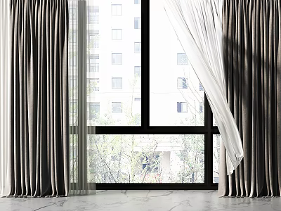 Elegant Floor Length Curtains For Window With Building View And Marble Floor 3d model