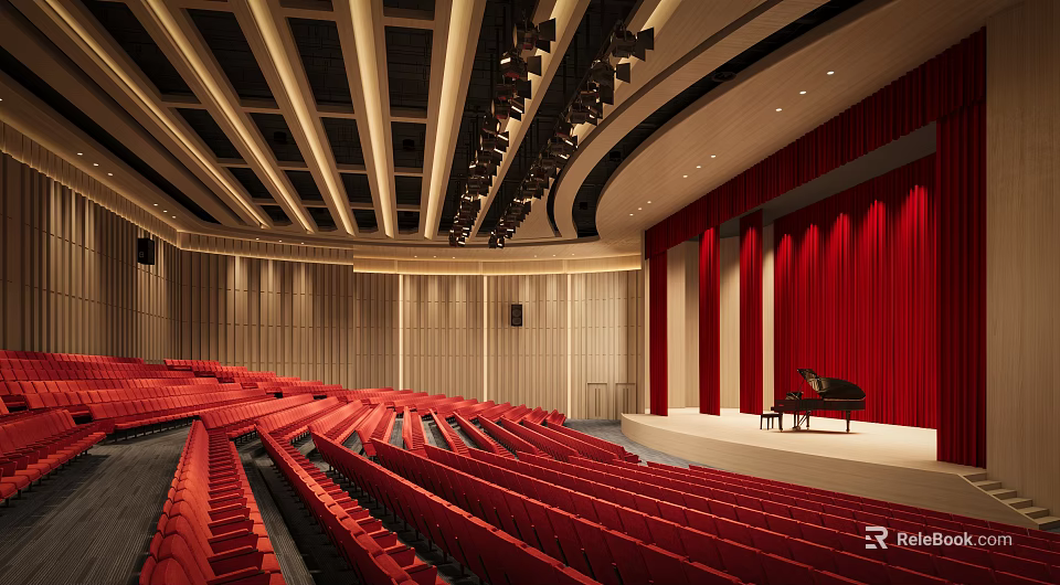 Modern Theater Interior With Red Seats Stage And Grand Piano 3d model 