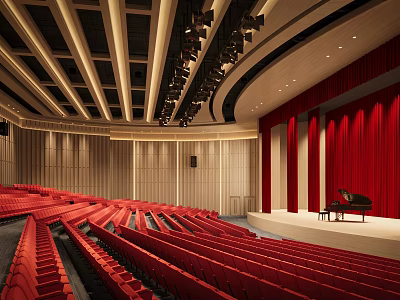 Modern Theater Interior With Red Seats Stage And Grand Piano 3d model